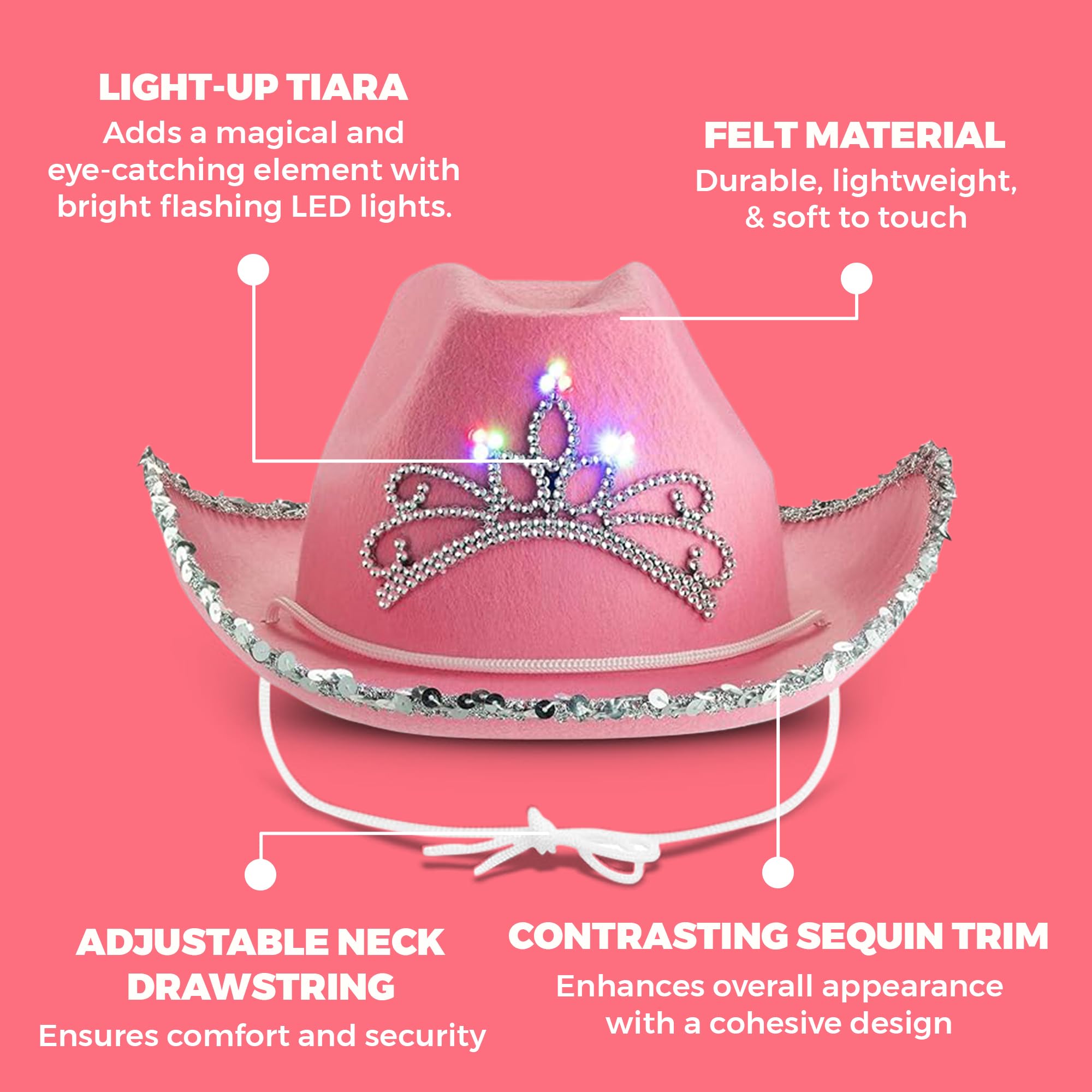 Light Up Pink Cowgirl Hat for Girls - (Pack of 2) Kids Cowboy Hat with Blinking Tiara Sequin Trim Fringe and Drawstring, Felt Girls Pink Cowboy Hat Costume Party Accessory, Dress-Up, 6x7-Inch